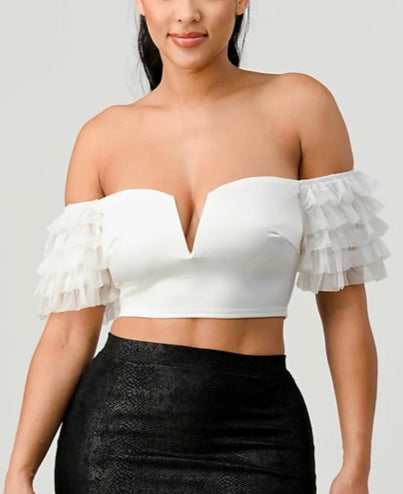 Sweet like candy off the shoulder ruffle crop top - cream