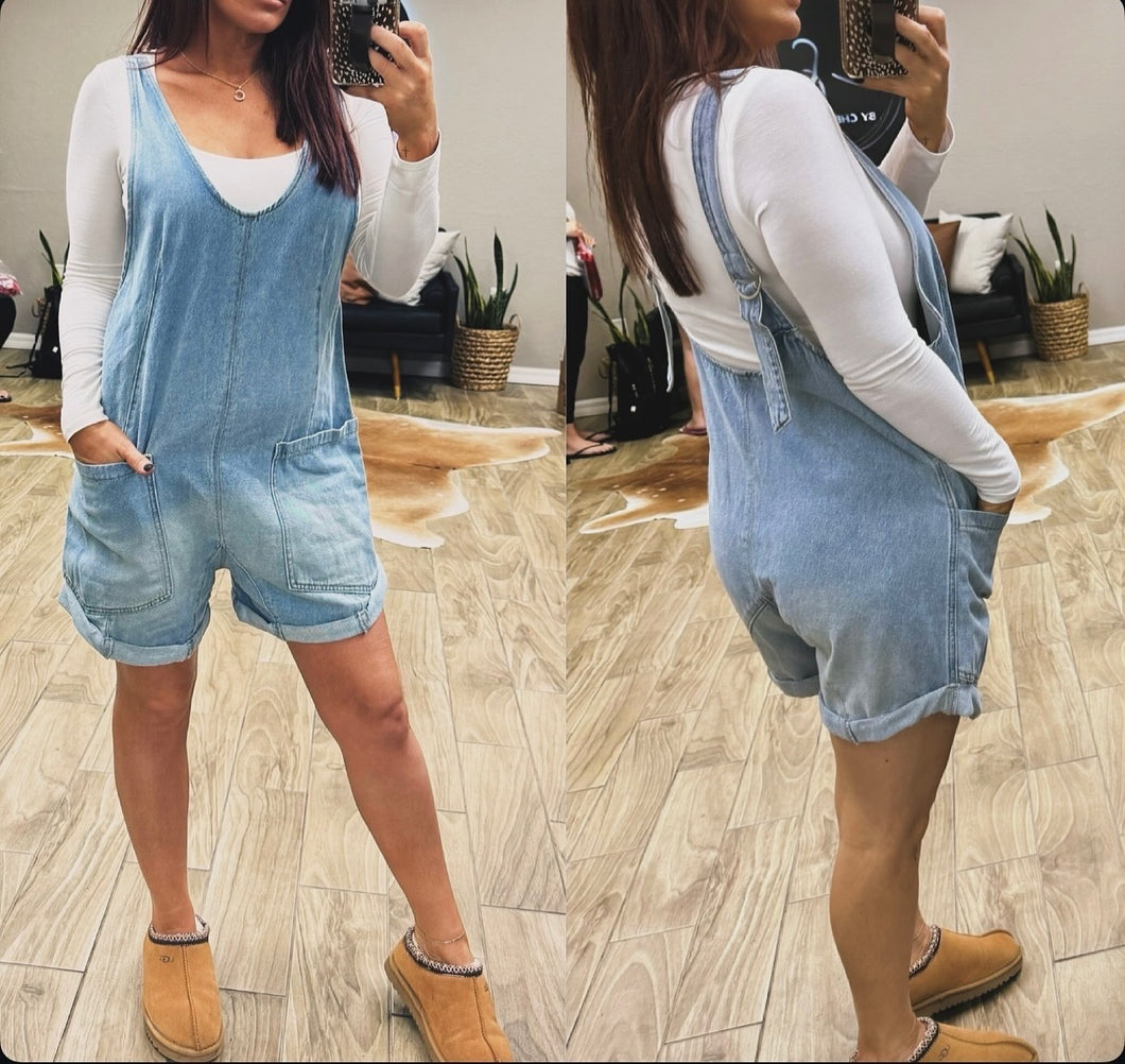 High roller denim romper