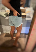 Load image into Gallery viewer, Curved fray hem denim shorts -light &amp; dark option
