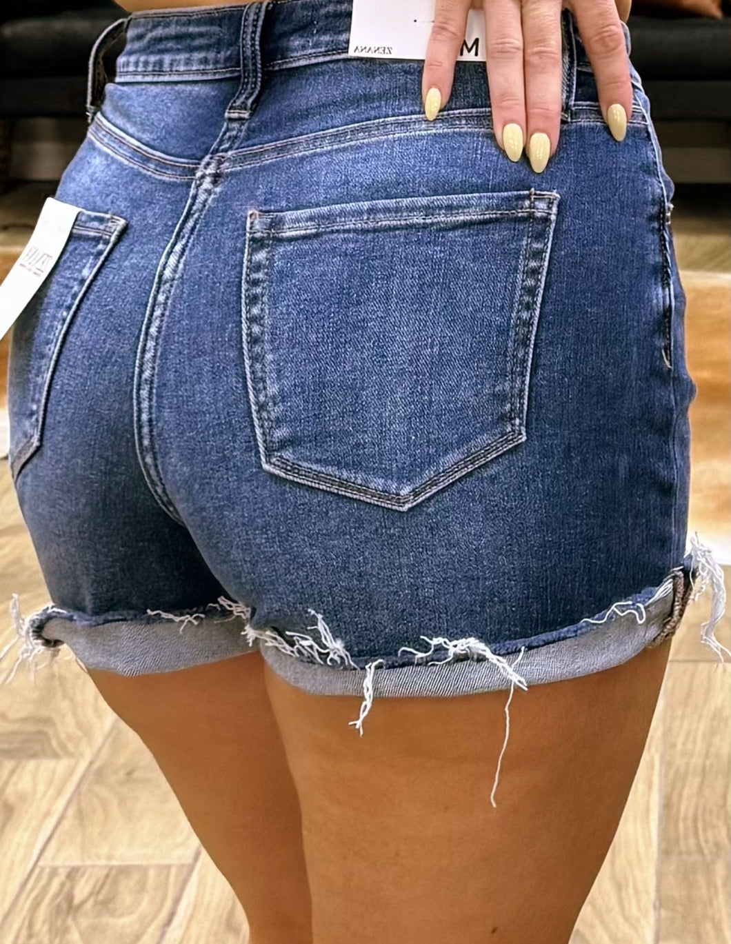 Zandar raw hem dark wash denim shorts