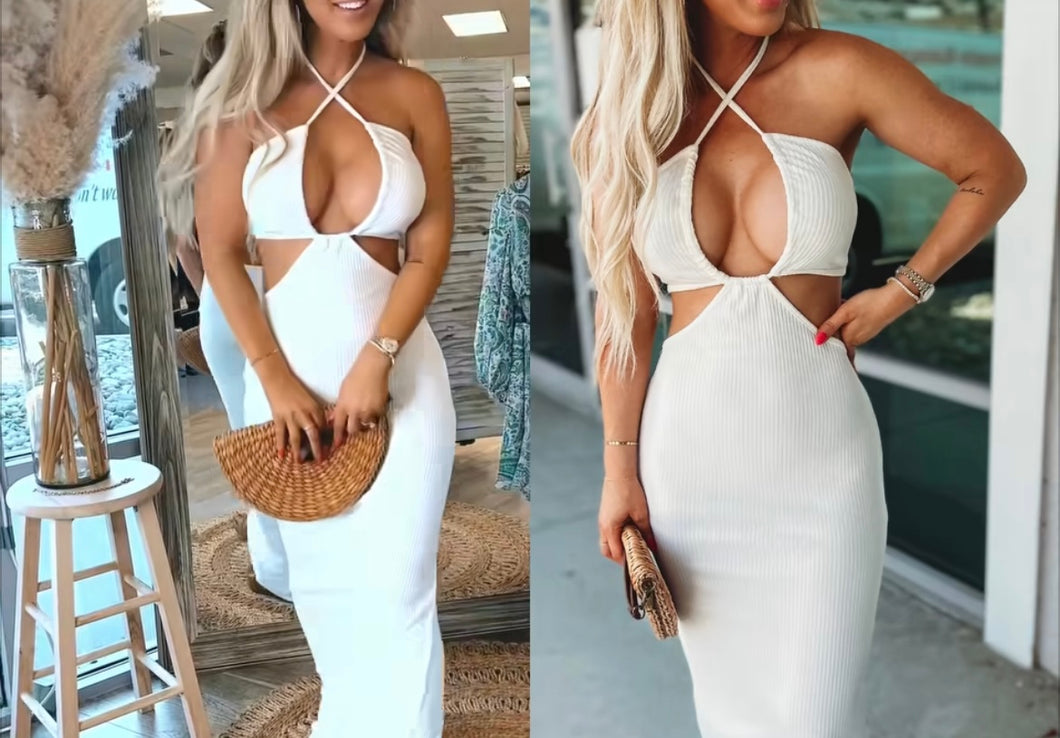 cutout & cute white ribbed tie halter maxi