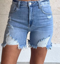 Load image into Gallery viewer, Bradley High rise mid tight distressed shorts
