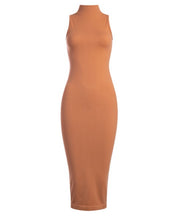 Load image into Gallery viewer, Hudson elevated Staple mock neck dress in black &amp; camel
