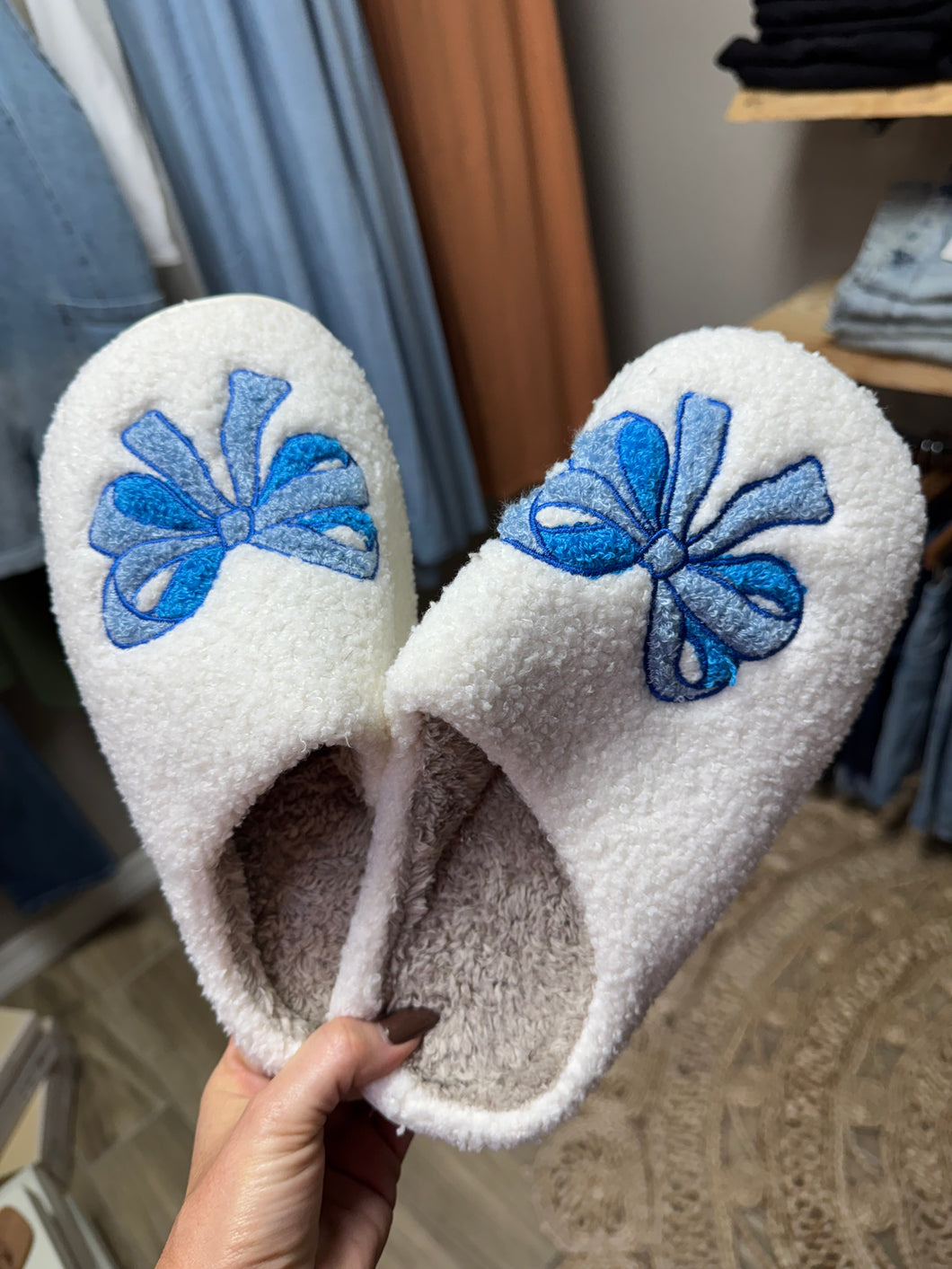 Blue cozy bow slippers