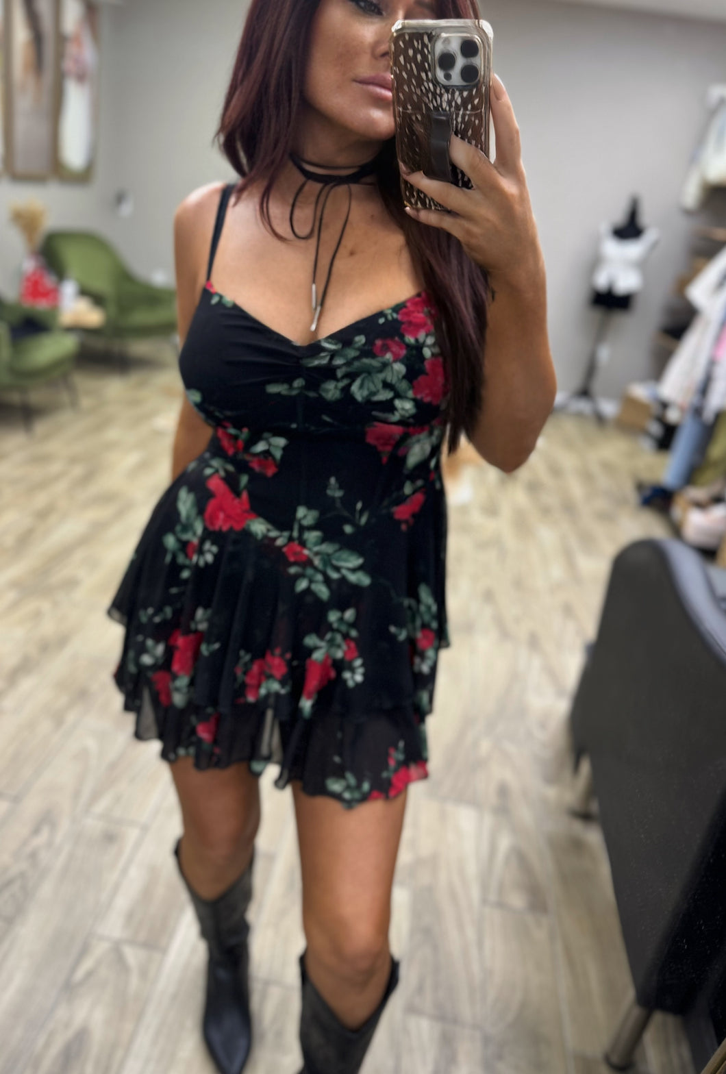 Rose mini dress with built in shorts