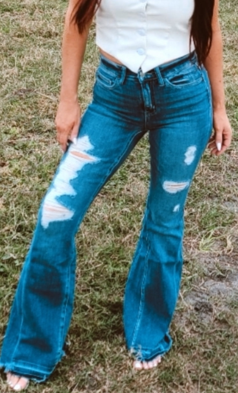 Farewell high rise distressed panel flares