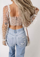 Load image into Gallery viewer, We’re meant to be Polka dot mesh frilled long sleeve zip back corset crop
